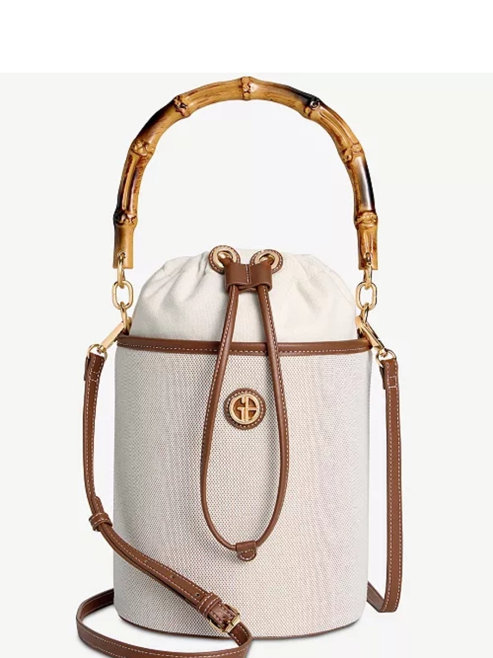 Giani Bernini Cream Canvas Bucket Crossbody with Brown Trim & Bamboo Handle/bnwt
